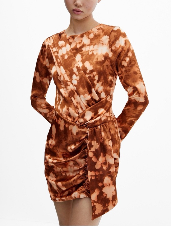 Mango Dresses & Skirts - Mango Brown Abstract Print Ruched Wrap Mini Dress Long Sleeve Size Medium NWT